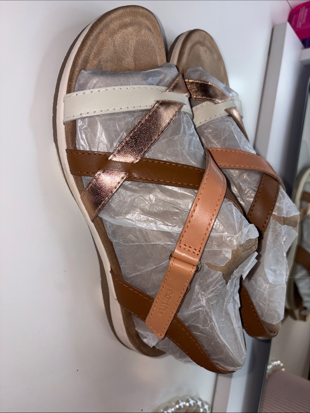 Earth Origins Strappy Sandals in Brown, Tan & Metallic Rose